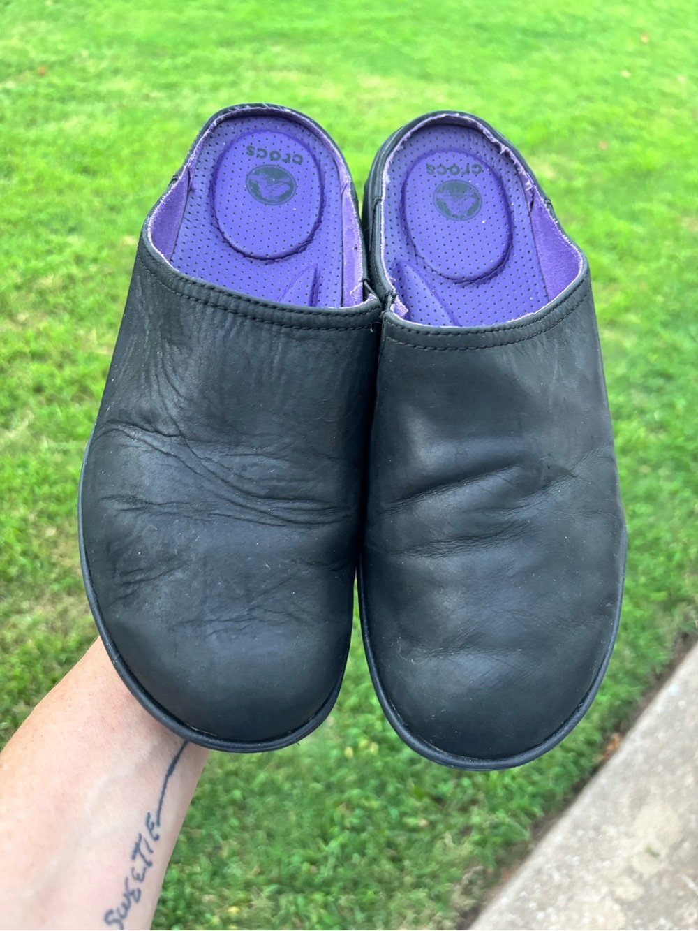 CROCS Black Slip-On Clogs with Purple Insole